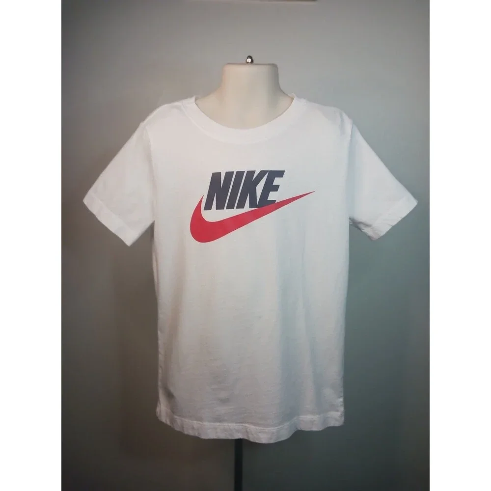The Nike Tee White Short Sleeve Black Red Logo 100% Cotton Boys Size Small
